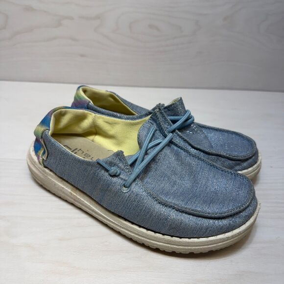 Hey Dude Shoes - Hey Dude Wendy Sparkling Denim Shoes Youth Girls Size 3‎ Slip On Walking Comfort